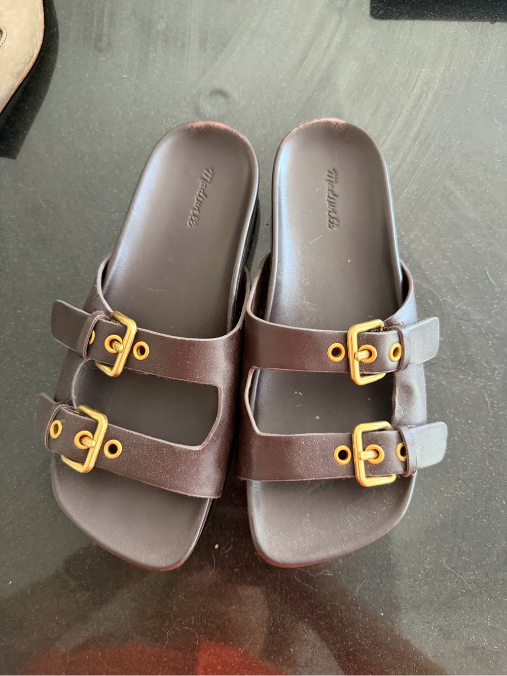 Madewell women’s  Double Buckle Slide Sandals in Brown with Gold Buckles